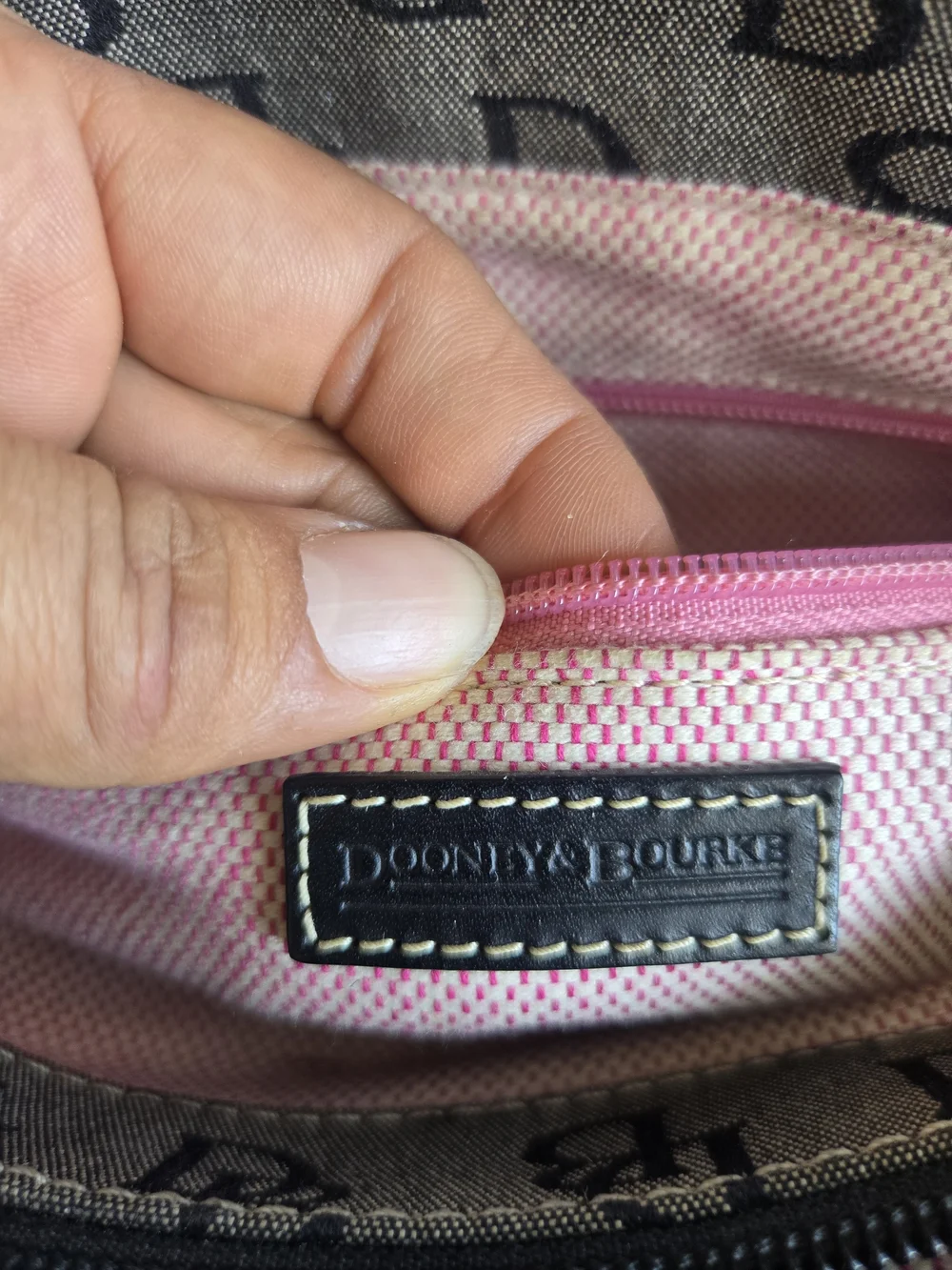Dooney & Bourke Beige and Black Monogram Satchel with Buckle Accent